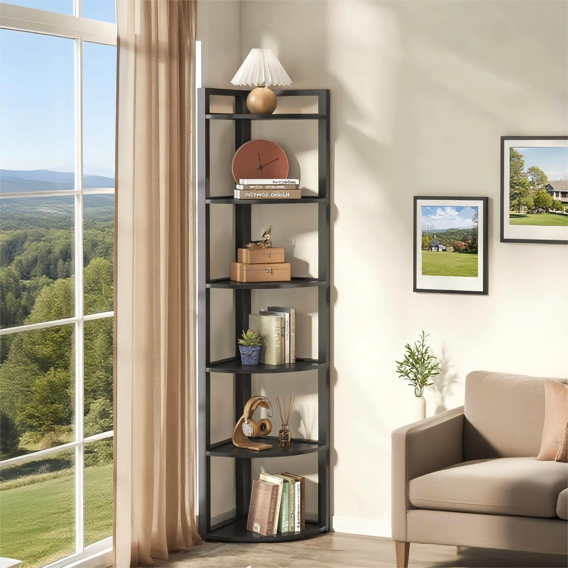 Fnova 70.9" 6-Tier Corner Shelf, Rustic Corner Bookshelf, Compact Storage Rack for Living Room, Home Office, Kitchen
