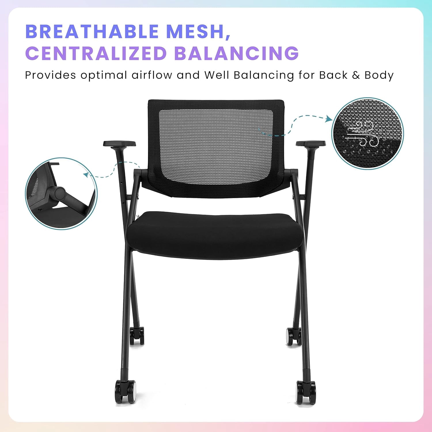 2 Pack Folding Office Chair Stackable Conference Room Chairs with Wheels and Padded Mesh Back Ergonomic for Reception Meeting