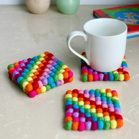 

kitchen Felt-Ball-Coasters Set Felt-Coasters Wool Felt-Coaster Felted-Coaster Rainbow-Coaster Tea-Coaster Gift For Her Holiday Gift Fragarn