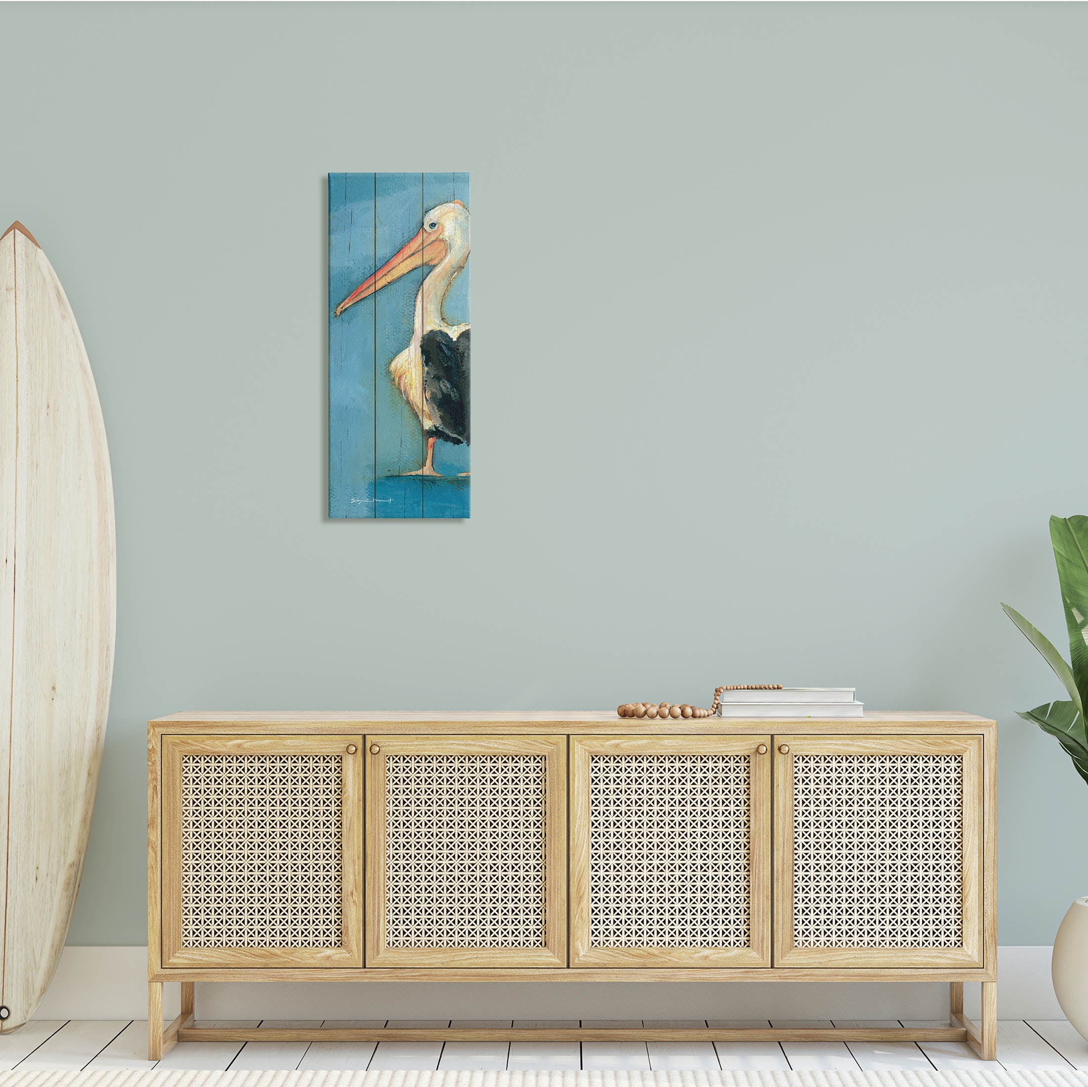 Stupell Industries Pelican Bird Over Blue Planked Pattern Animal Painting, 13 x 30, Design by Stephanie Workman Marrott