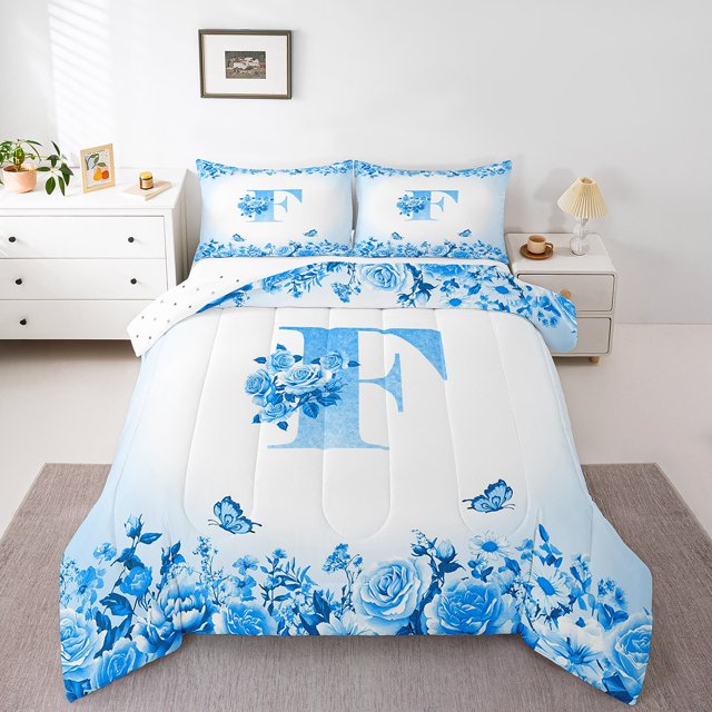 Erosebridal Ensemble de Couette Initiale Taille Grand, Literie Personnalisée Monogrammée Ensemble de Couette Grand, Décor Floral, Réversible, Ultra Doux, 3 Pcs