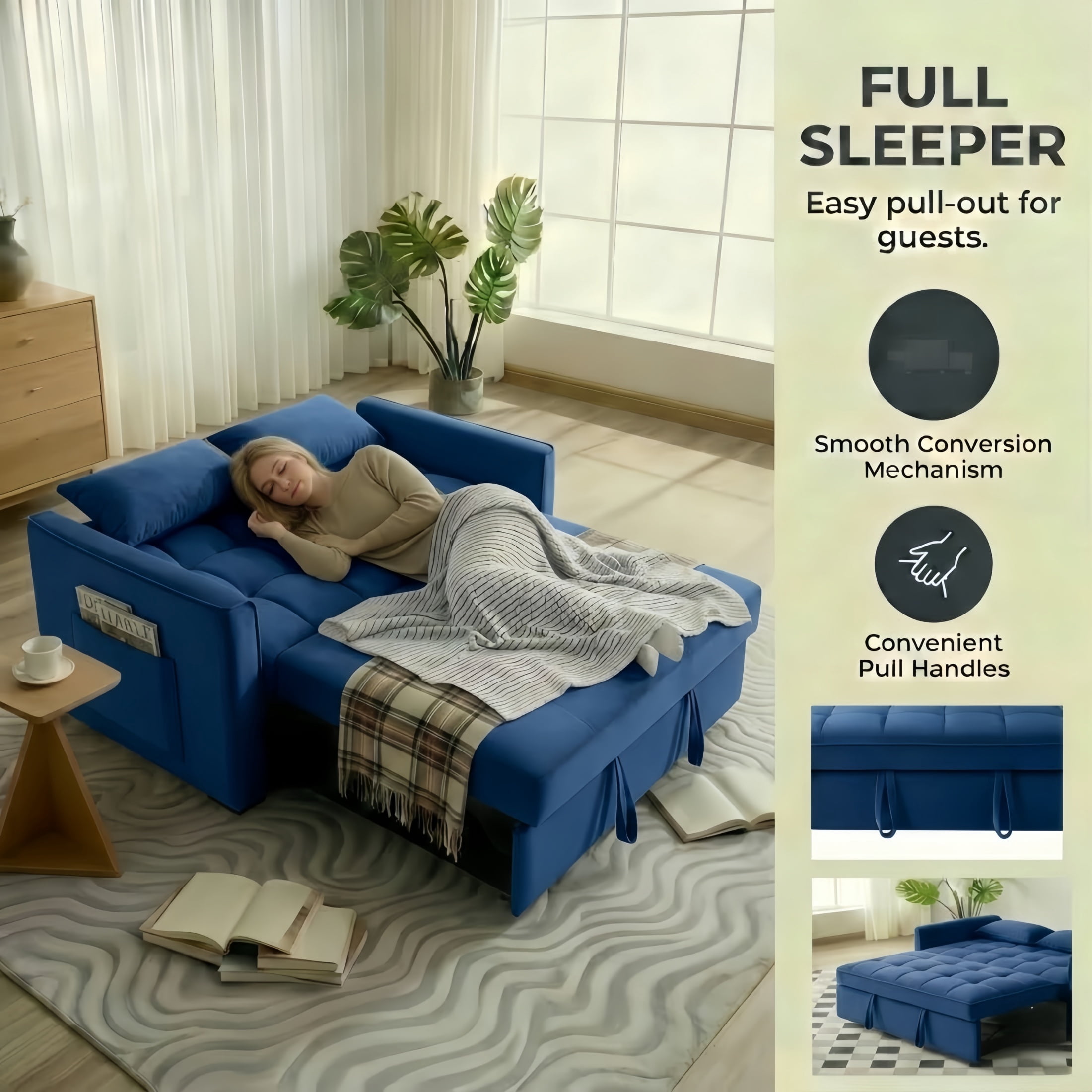 Amuille 3 in 1 Convertible Sleeper Sofa Bed, 54" Velvet Fabric Loveseat, Pull Out Couch for Living Room and Apartment, Blue