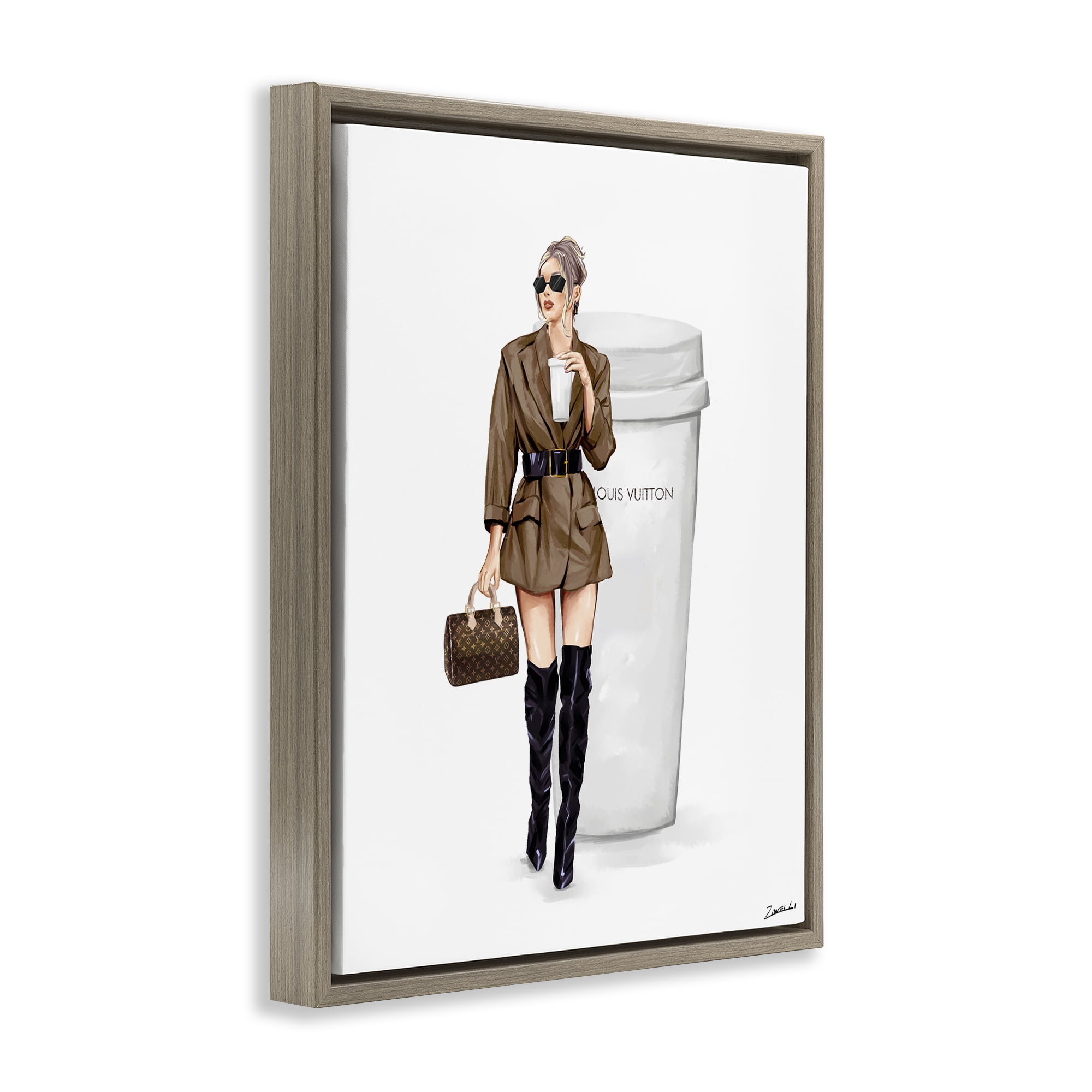 Stupell Industries Chic Fashion & Coffee Cup People Painting Brown Floater Framed Canvas Art Print Wall Art, 25 x 31