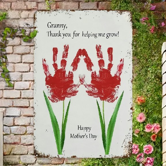 Granny Thank You For Helping Me Grow Flower Handprints Diy Happy Mothers Day Handprint Tin Sign Board Decorative Sign Cafe Bar Coffee Decor Metal Plaque Decor 8x12 Inch