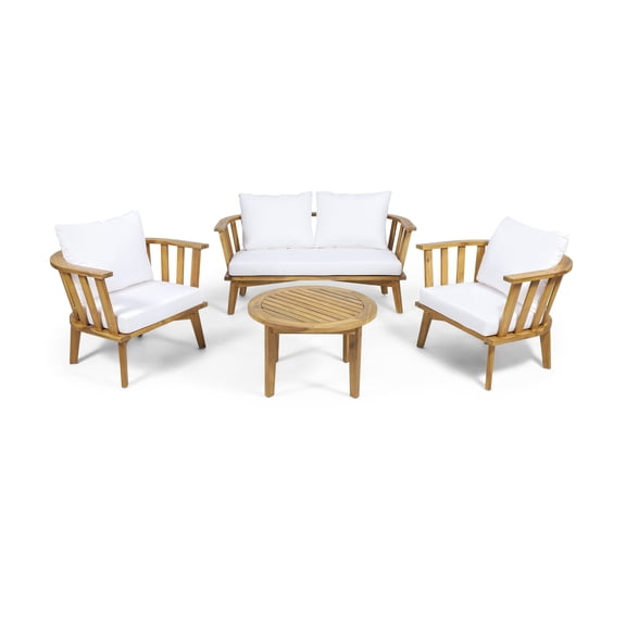 GDF Studio Lennon Outdoor Acacia Wood 4 Seater Chat Set with Cushions, White and Teak