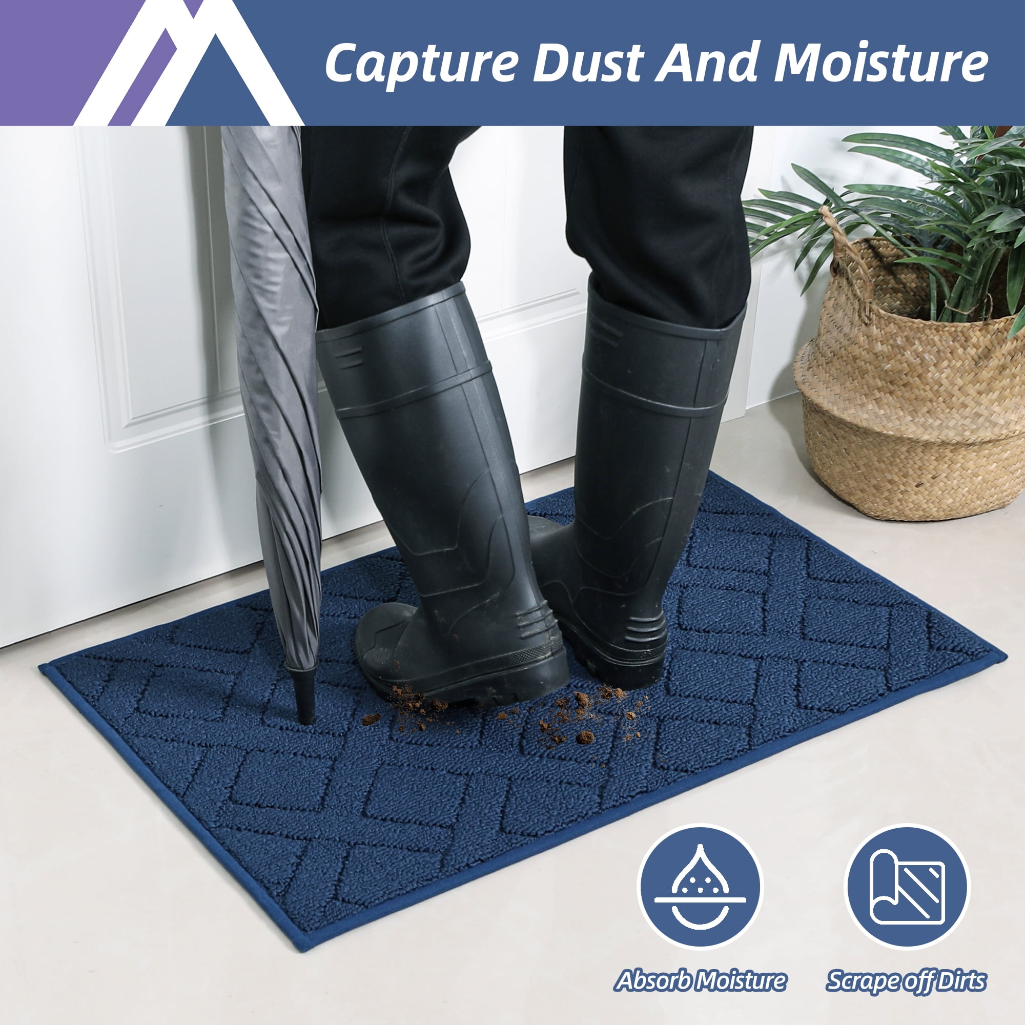 FLOORHUG Indoor Dog Doormat, 32"x48", Non-Slip Front Door Mat for Entrance, Absorbent Resist Dirt Door Rug for Inside, Low-Profile Welcome Mat, Entryway Rug Machine Washable, Blue