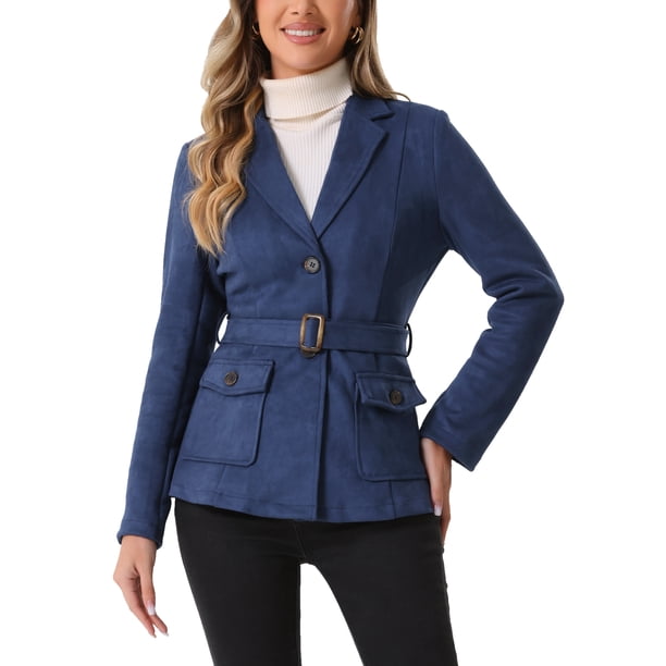 BLAZER DE TRABAJO DE MANGA LARGA CON CINTURÓN DE SUEDE SINTÉTICO PARA MUJERES INSPIRE CHIC TALLA XS AZUL OSCURO