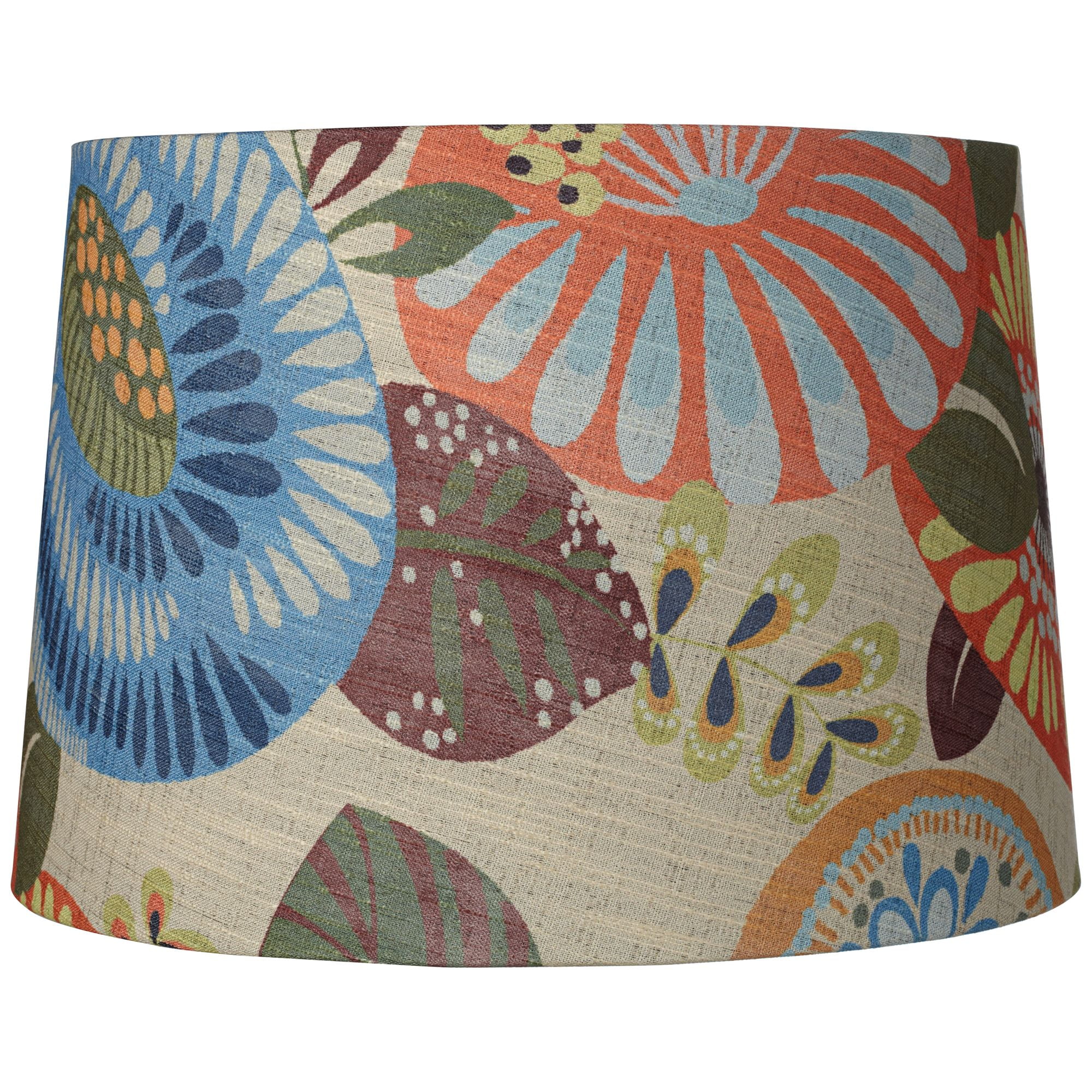Springcrest Collection Set of 2 Drum Lamp Shades Multi Color Tropic Floral Medium 14" Top x 16" Bottom x 11" Slant Spider with Harp and Finial Fitting