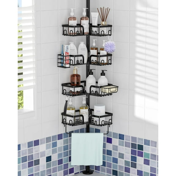 Shower Corner Caddy Tension Pole,Floor Standing Shower Organizer Corner with 4 Adjustable Tier Shelves for Bathtub Shampoo Inside Shower Storage,39 to 113 Inch,Black