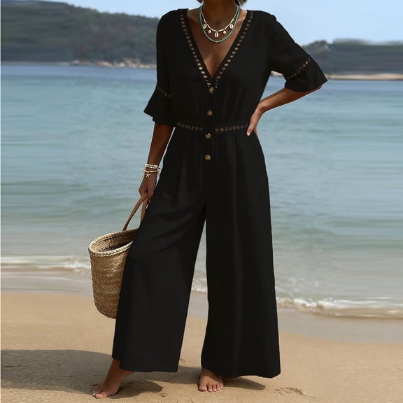 Warop Women's Cotton Linen Jumpsuit with Lace Trim, Button Front and Pockets, Flutter Sleeves and V-Neck, One Piece Pants for Casual and Daily Wear