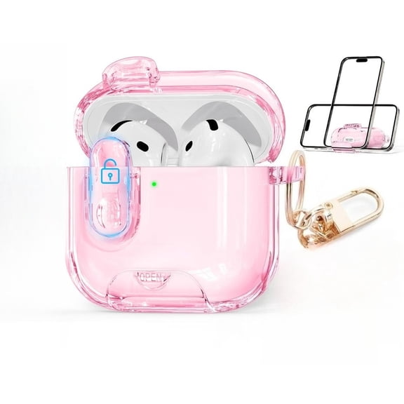 Clear Protective Case for AirPods 4 (2024), Secure Lock Shockproof Cover with Stand & Keychain Clip