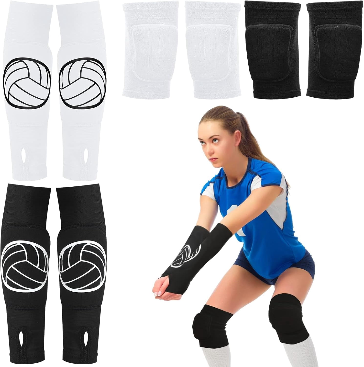BURIBURI 2 Set Volleyball Knee Pads and Volleyball Arm Sleeves with Protection Pad Compression Forearm Wrist Guard with Thumb Hole Soft Breathable for Hitting Passing