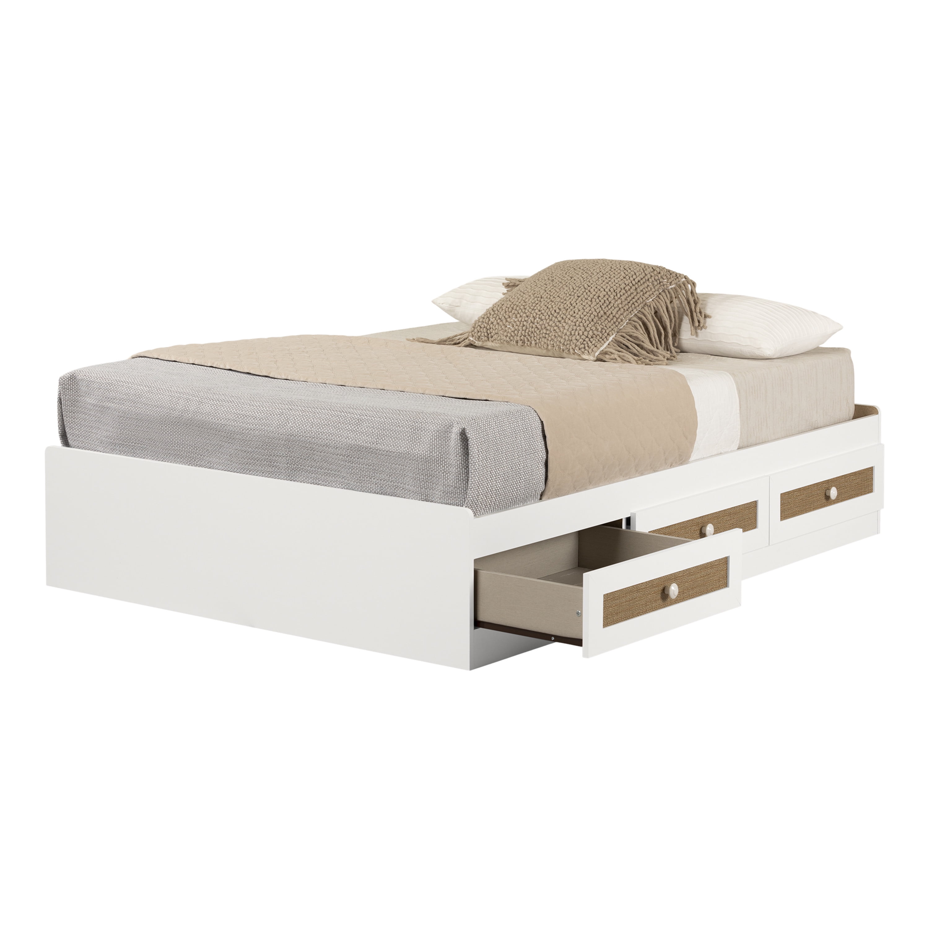 South Shore Hoya, Bohemian Harmony Full Mates Bed with 3 Drawers, White and Faux Printed Rattan
