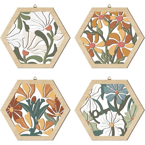 HPNIUB 4PCS Boho Flower Wood Wall Art,Abstract Flower Market Wooden Wall Hanging Decor,8”x10”Colorful Matisse Wall Art Framed,Minimalist Floral Botanical Art Print for Bedroom Living Room Office