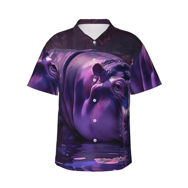 Fotbe Purple Hippo In Water Camisa Hawaiana para Hombre Unisex – Camisa Casual de Verano con Botones de Manga Corta de Algodón y Lino,Small