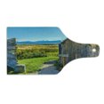 thumbnail image 2 of Outhouse Cutting Board, Old Rustic Wooden Cottage Barn Shed in a Farm Village Image, Decorative Tempered Glass Cutting and Serving Board, Wine Bottle Shape, Dark Grey Sky Blue, by Ambesonne, 2 of 5