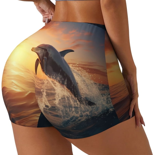 Balery Sunset Dancing Dolphin A Pantalones cortos de entrenamiento estampados para mujer, sin costuras, ajustados, para gimnasio, yoga, correr, deportes, ejercicio activo, fitness.-Medium