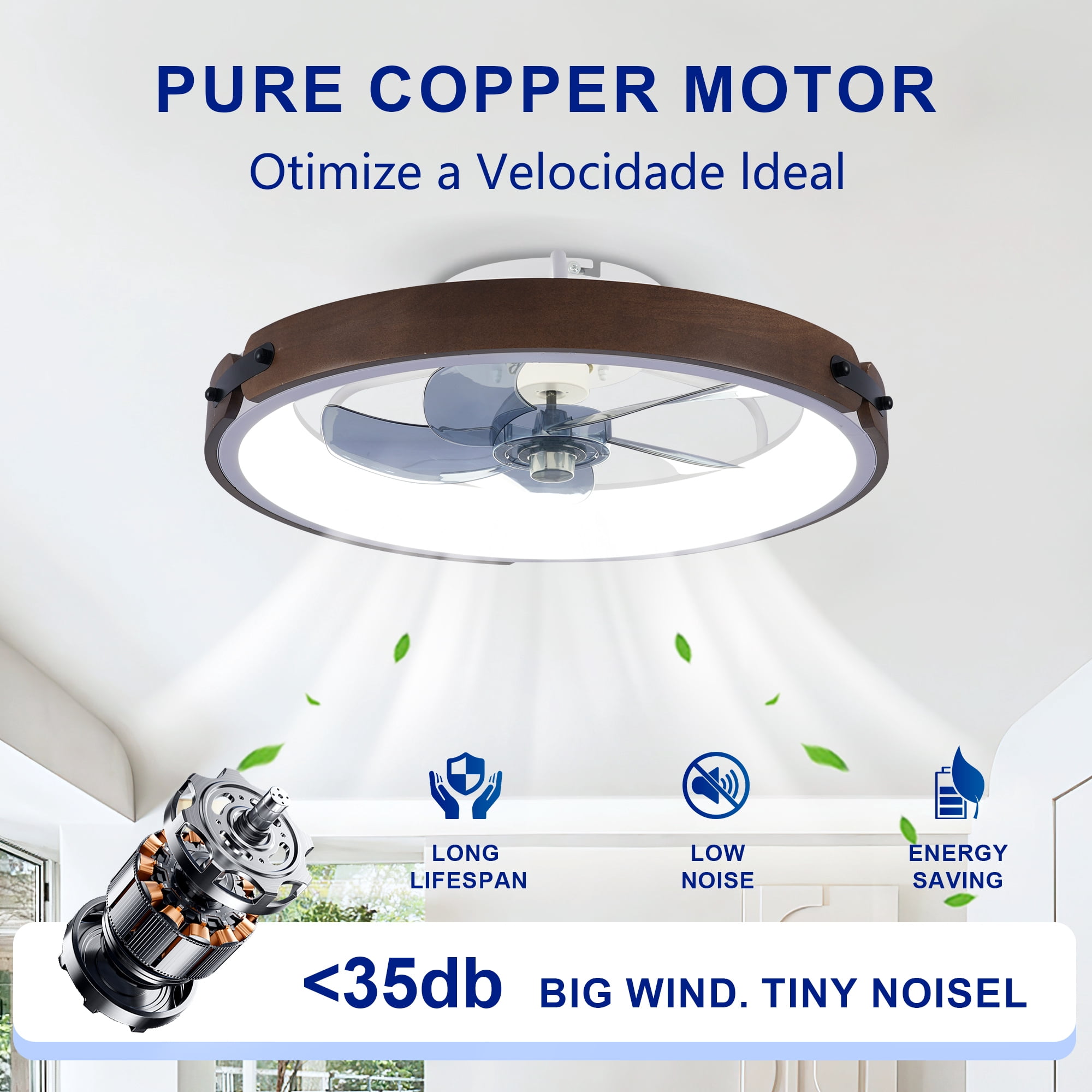 Leumius 20" Ceiling Fans with Light and Remote, 3000-6500K Dimmable Modern Flush Mount LED Fan Light, 6 Speeds, Quiet DC Motor for Living Room Bedroom Kitchen Brown