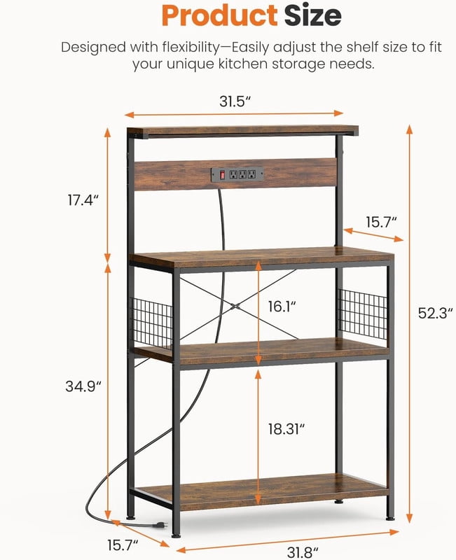 Simenmax 31.5" Kitchen Bakers Rack with Power Outlet, 4-Tier Adjustable Microwave Stand, Coffee Bar Station, Brown Storage Shelf Appliance Organizer