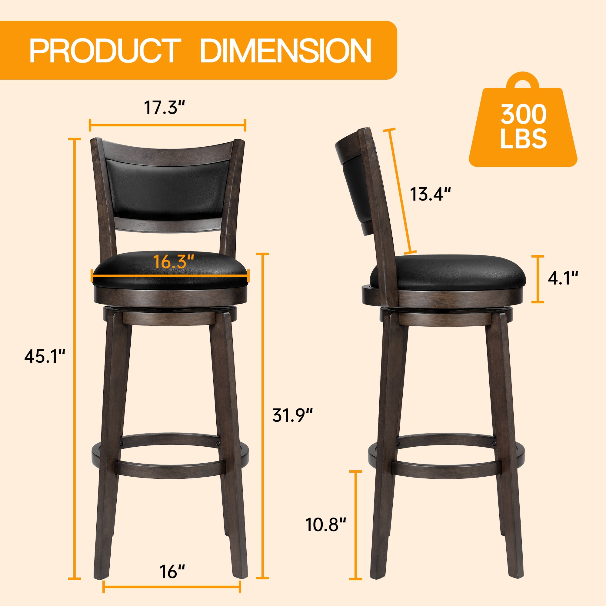 TrumanPick 32 Inch Counter Height Bar Stool Set of 2 Swivel Barstools with Back Chair Seat for Kitchen Dinning room, Cappuccino Finish