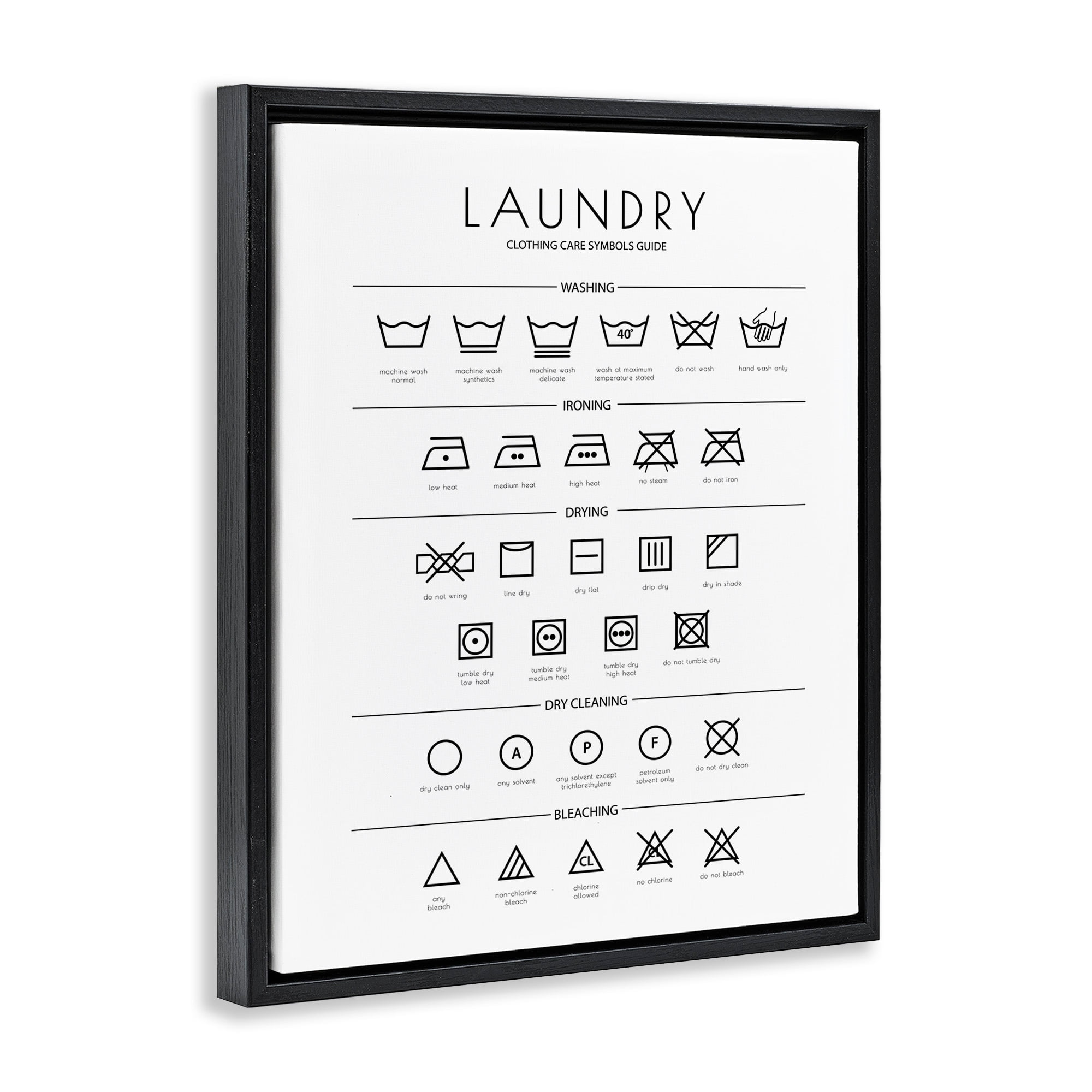 Minimal Laundry Cleaning Symbols Black Floating Frame Canvas Art, 17 x 21, Made In USA
