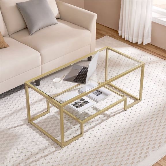 Yaheetech 2-Tier Modern Tempered Glass Coffee Table with Metal Frame for Living Room, Gold