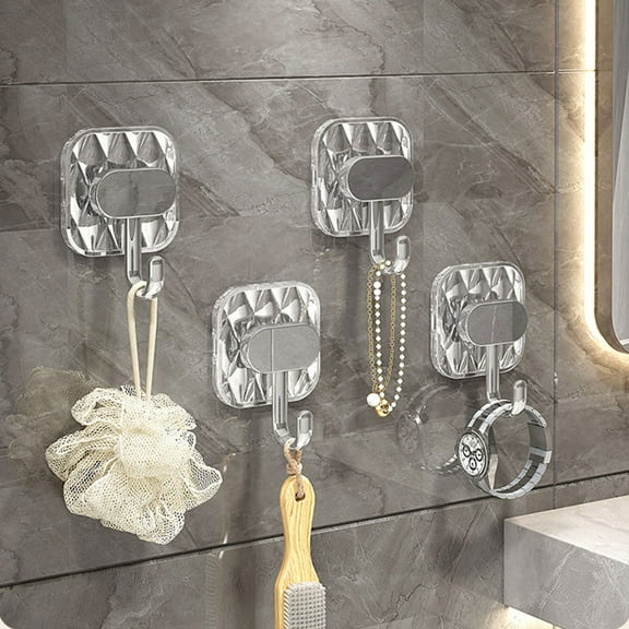 RuiJiao 4pcs Clear Double-Sided Adhesive Wall Hooks - Mounted Door Hanger Kit - No Drill Sticker Hangers for Bathroom, Kitchen