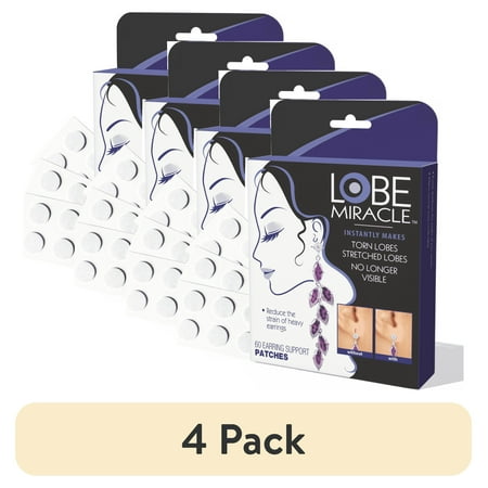 (4 pack) Lobe Miracle- Clear Earring Support Patches - Earring Backs For Droopy Ears, Torn or Stretched Ear Lobes (60 Patches)