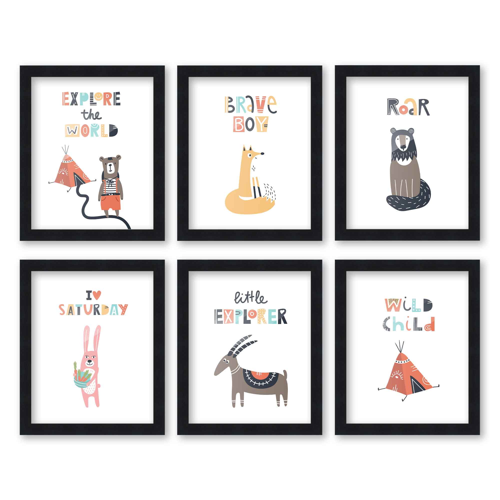8x10 Framed Nursery Wall Art Set of 6 Hand Drawn Little Explorer