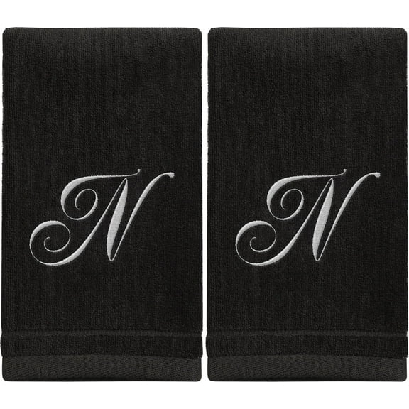 Monogrammed Towels Fingertip, Personalized Gift, 11 x 18 Inches - Set of 2 White Embroidered Towel - Extra Absorbent 100% Cotton - Soft Velour Finish - For Bathroom/ Kitchen/ Spa - Initial N (Black)