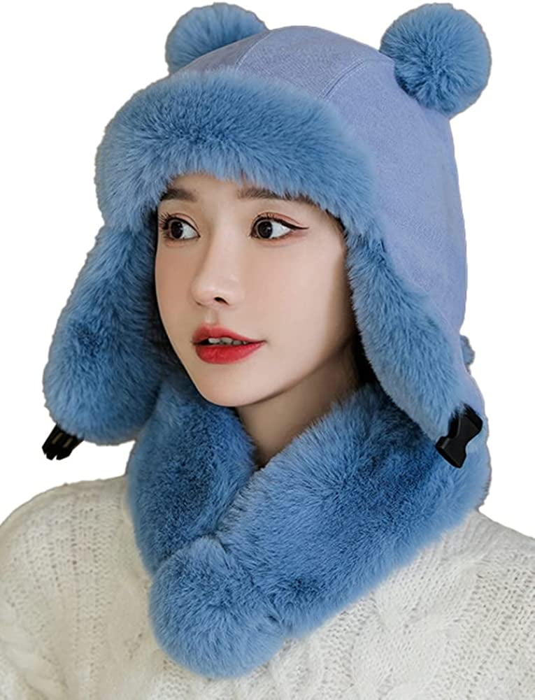 PIKADINGNIS Women Bomber Hat Cute Pom Pom Faux Fur Lined Winter Warm