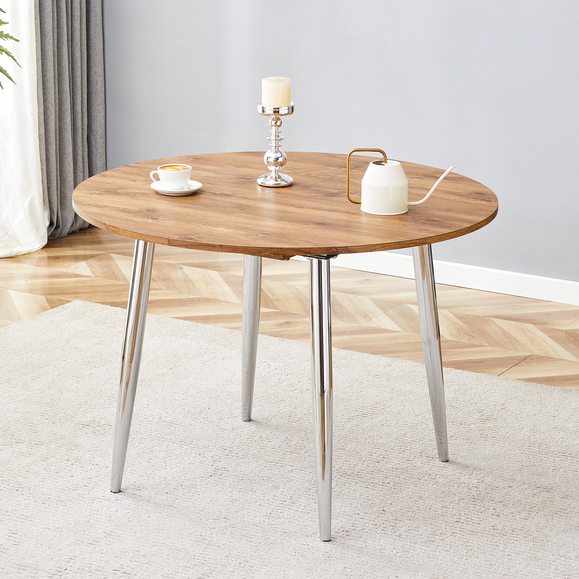 Mintazer Extendable Round to Oval Dining Table with Natural Wood Grain MDF Top & Chrome Metal Legs, Modern Kitchen Table for 4-6 People, Natural