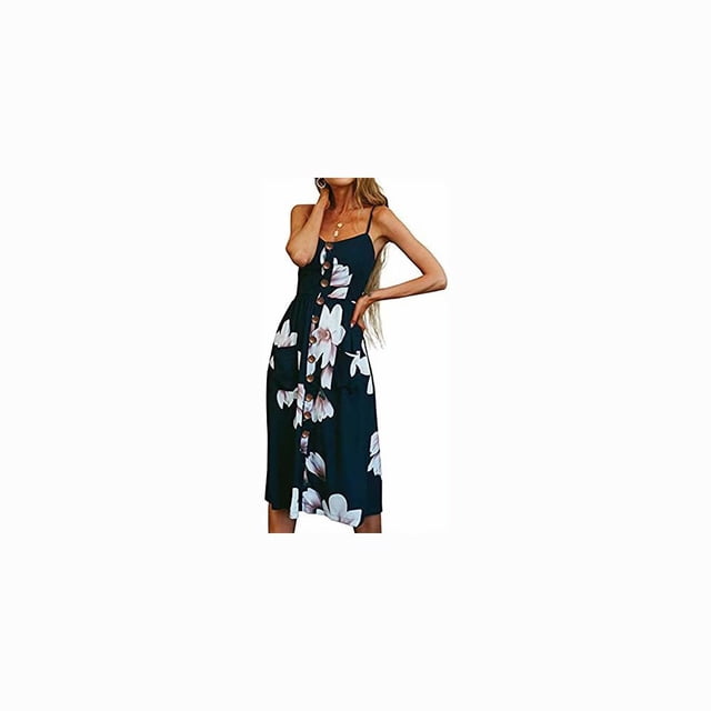 Women's Dresses Summer Floral Backless Spaghetti Strap Button Down Midi Dress with Pockets, 2XL, Am071-07