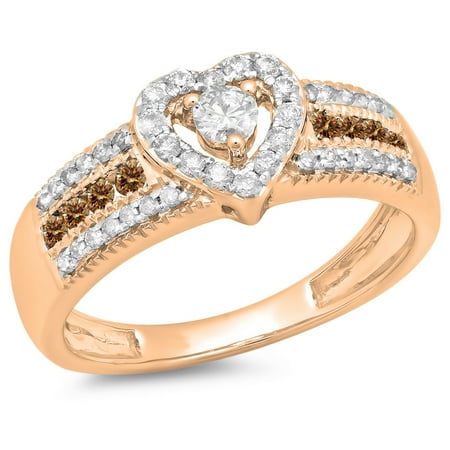 0.55 Carat (ctw) 14K Rose Gold Round Cut Champagne & White Diamond Ladies Bridal Heart Shaped Promise Engagement Ring 1
