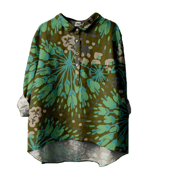 LIJCC Women'S V-Neck Long Sleeve Vintage Floral Print Shirt Linen T Shirt for Women'S Flower Printed Loose Fit Tee Tops Lapel Neck Button Blouses Long Sleeves Casual Tops