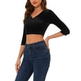 thumbnail image 4 of MODA NOVA Juniors Party V Neck 3/4 Sleeves Cropped Velvet Blouse Black XS, 4 of 6