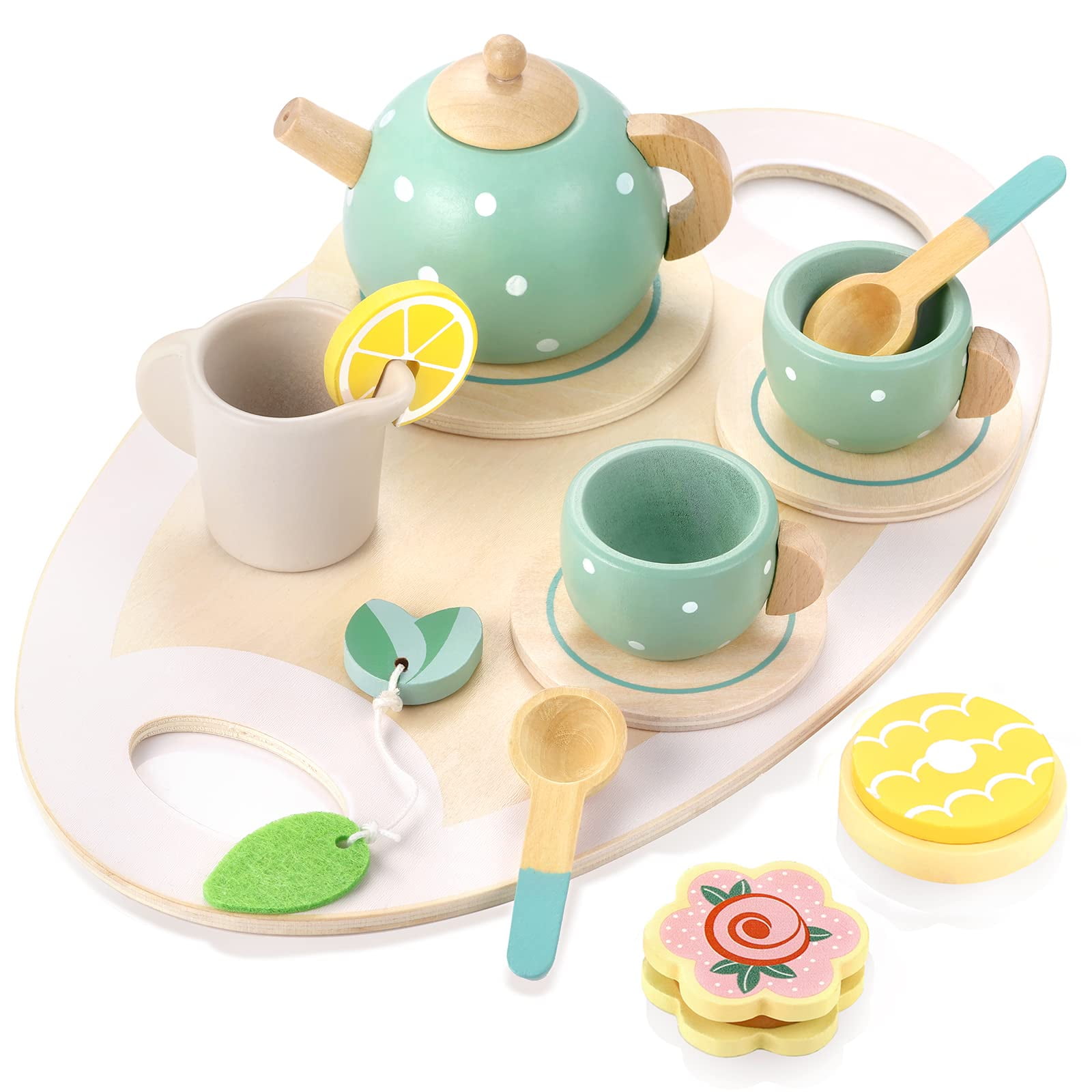 Wooden Tea Party Set for Little Girls 14 Pcs Toddler Tea Set Pretend