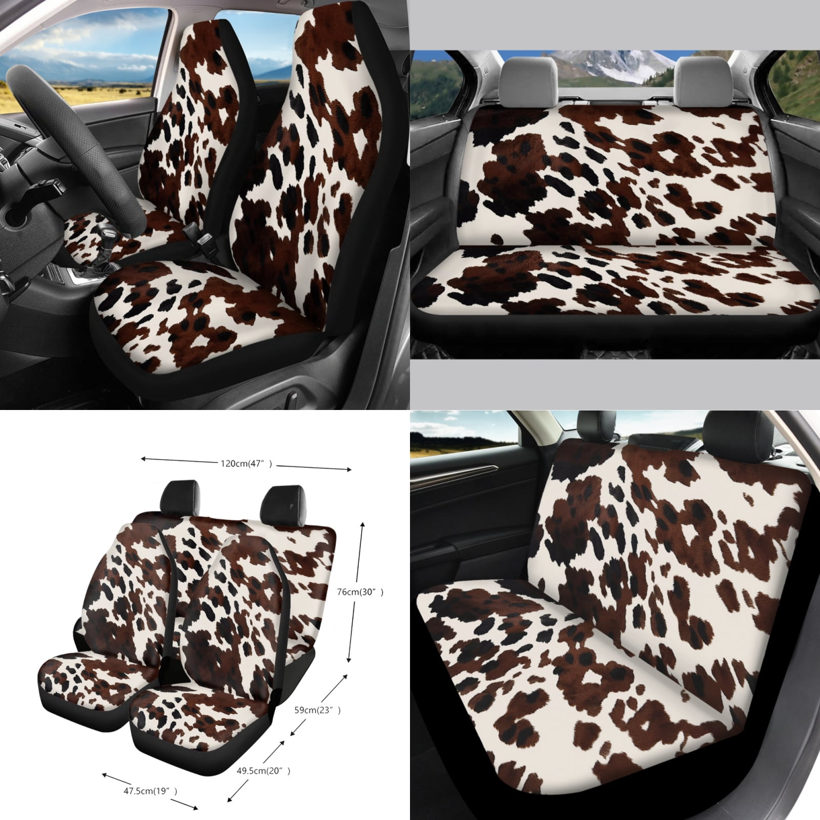 Xoenoiee Black Brown Cow Print 15 Pieces Car Seat Cover Set with Auto Steering Wheel Cover Seat Belt Strap Protector Cup Holder Trash Bag Air Vent Storage Pocket Rear View Mirror Protector Keychain