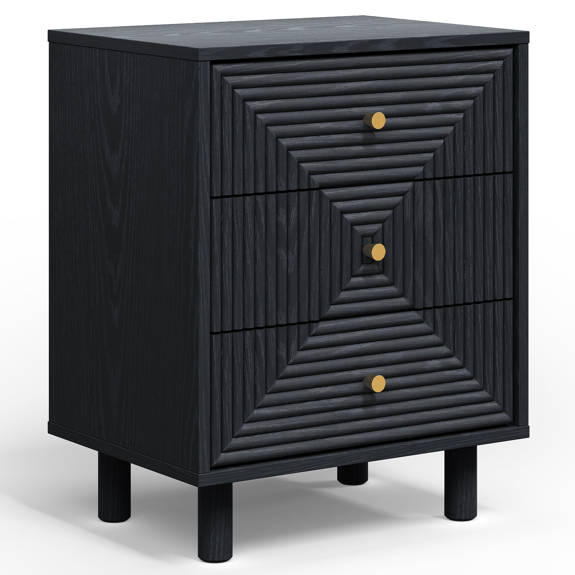 May in Color 3-Drawer Nightstand Set of 2 with Solid Wood Legs and Gold Handles, Wooden Storage Nightstand Side Table, Accent Chest of Drawers for Bedroom, Living Room, Entryway, Black