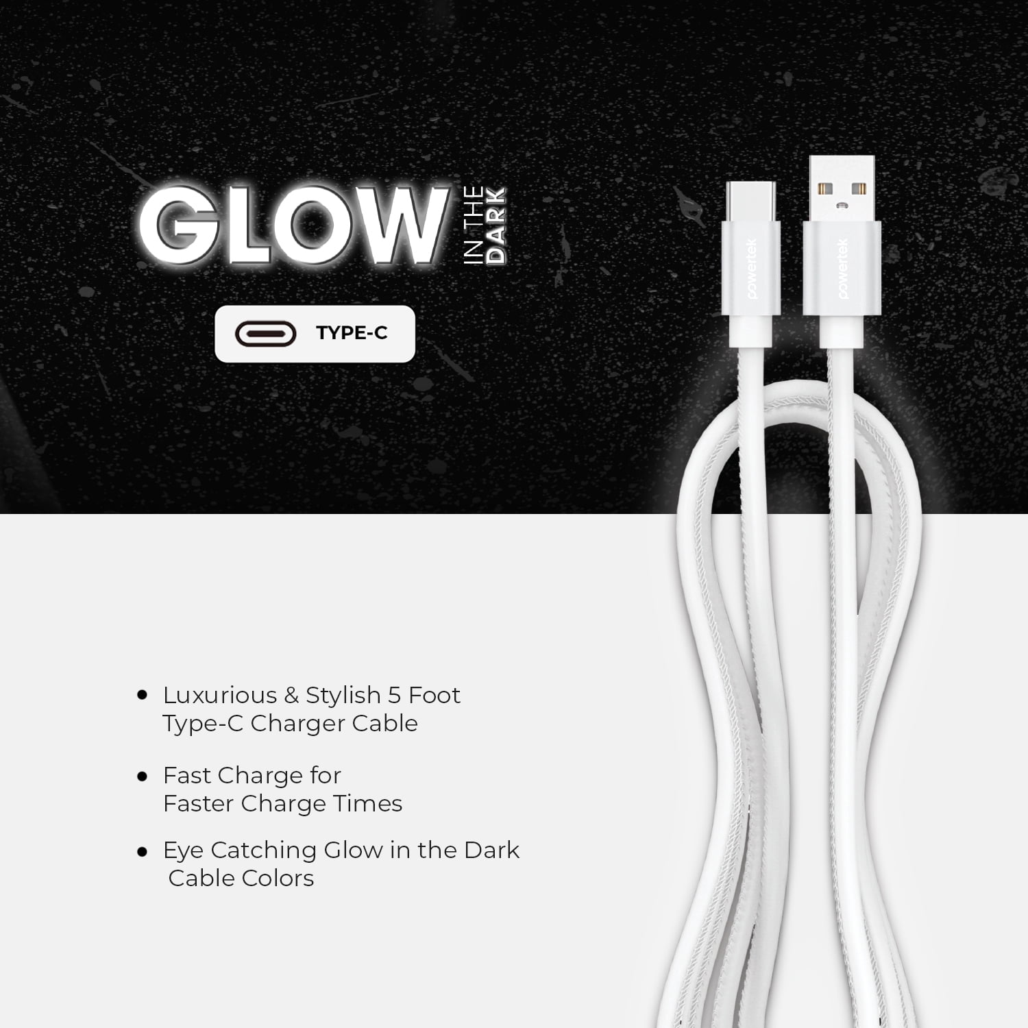 Liquipel Powertek Glow in the Dark USB-A to USB-C - White