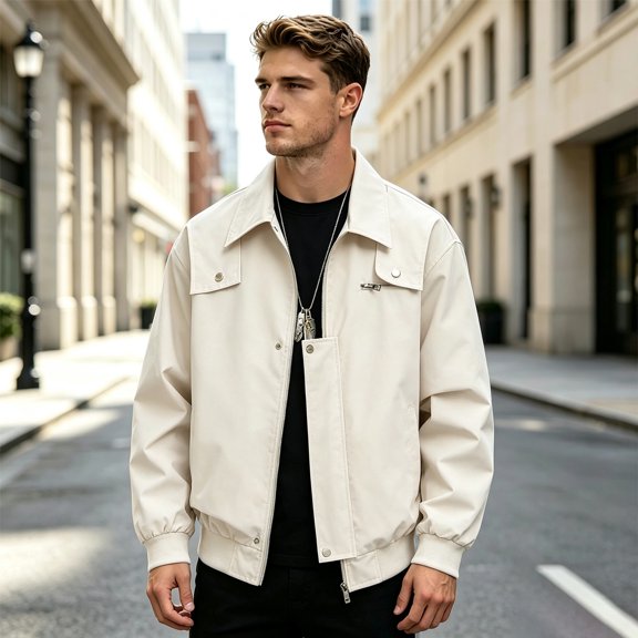 Cargo Jacket for Men Full Zip Collared Utility Jacket Fall Loose Causal Lightweight Jacket, 3XL