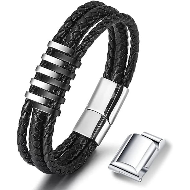 Accesorio Elegante 21.5cm Negro Pulsera Cuero Trenzado Hombre Bramart - Acero Inoxidable, Cierre Magnético - Regalo Con Dedicación Incluida Pulsera