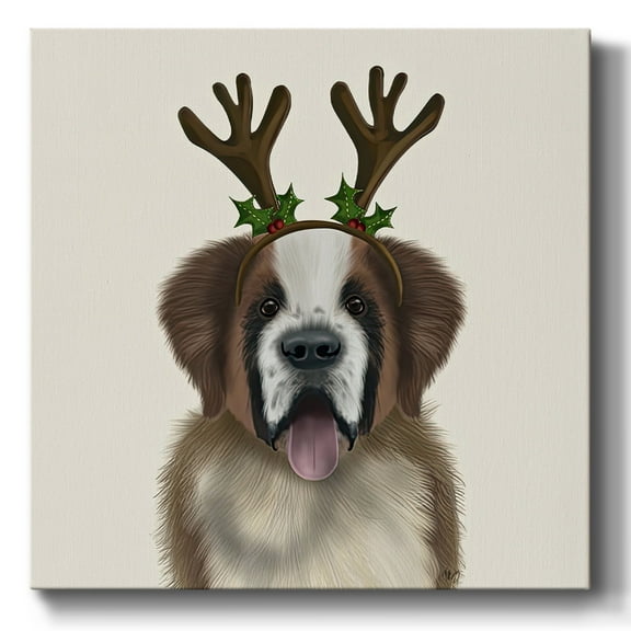 St Bernard Christmas Antlers- Gallery Wrapped Canvas