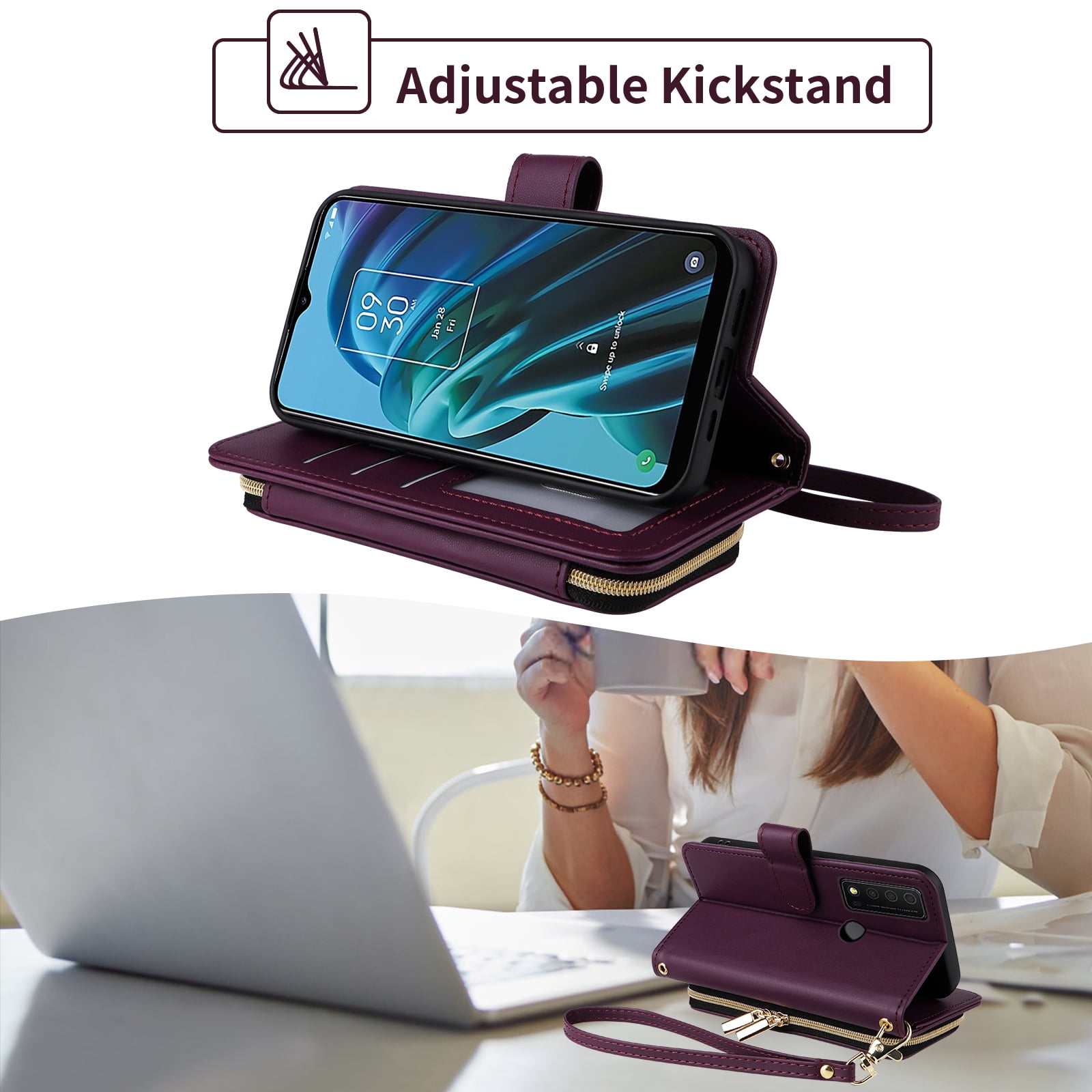 Furiet Argyle Wallet Case for TCL 30XE/30V/4X/20AX/20A/20R/Bremen 5G with Wrist/Shoulder Strap Slot Zipper Purse Card Holder Stand Phone Cover for TLC T601DL 30 XE XE5G V 20 AX R A 6.67 Deep Purple