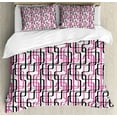 thumbnail image 1 of Geometric Duvet Cover Set Queen Size, Sixties Inspired Wavy Lines Vibrant Image Curved Stripes Funky Pattern, Decorative 3 Piece Bedding Set with 2 Pillow Shams, Hot Pink White Black, by Ambesonne, 1 of 3