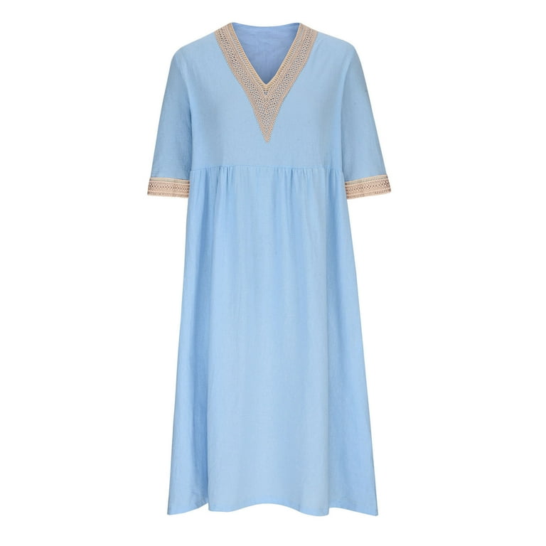 CLESALE Linen Dress Elegant Half Sleeve Solid Patchwork Dresses Daily  V-Neck Comfy A-Line Midi Dresses for Women Patchwork Flowy Sundress(Light  Blue 2XL) - Walmart.com