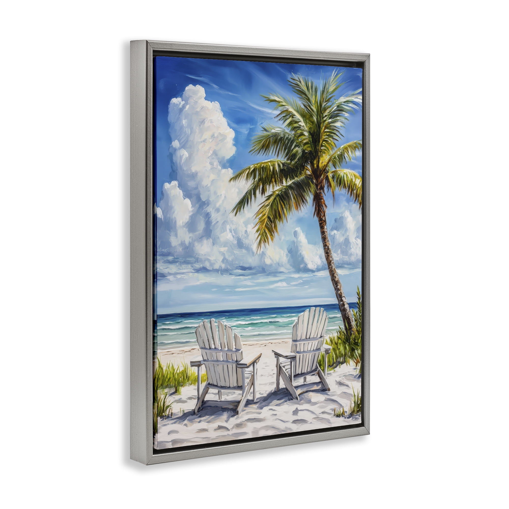 Stupell Industries Clouded Beach with Looming Palm Gray Framed Floater Canvas Wall Art, design by Petal Prints Design