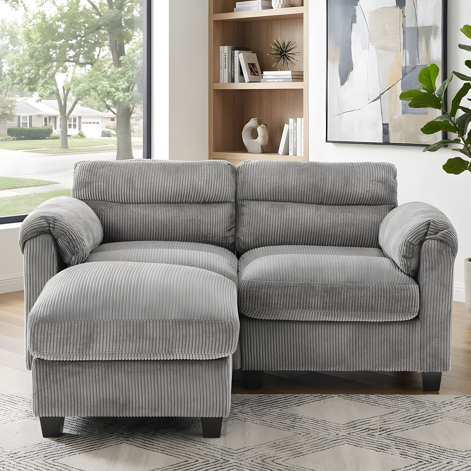 Bonzy Home Modern Loveseat with Ottoman Modular Sectional Sofa Couches for Living Room Entertaining Guests or Relaxing Alone for Small Spaces Apartment Gray