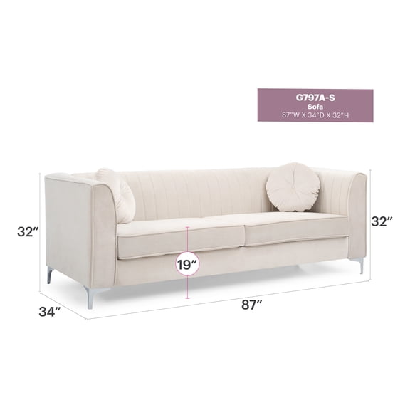JERFIT Modern Velvet Sofa Couch with Chrome Legs and Pillows for Living Room, Ivory