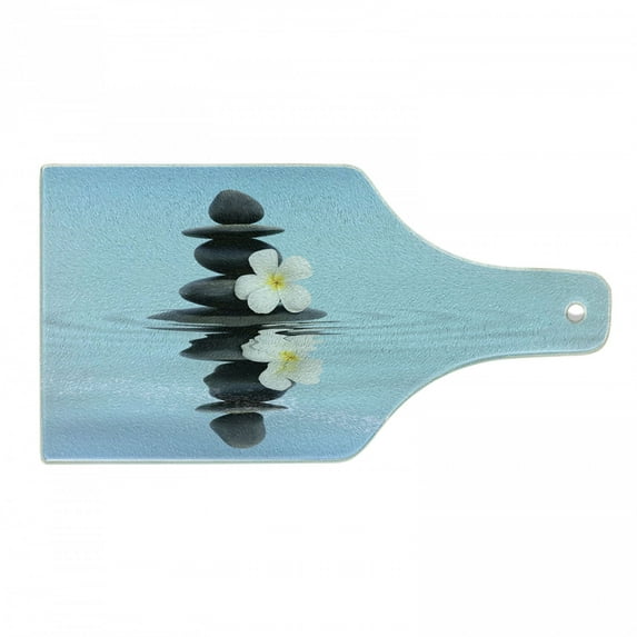 Rock Cutting Board, Spa Concept Massage Stones with Frangipani Plumeria, Decorative Tempered Glass Cutting and Serving Board, in 3 Sizes, by Ambesonne